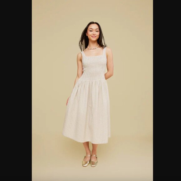 Mixed by Nasrin White & Beige Smocked A Line Midi Dress S NWT - Picture 1 of 6